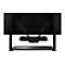 Rückansicht eines schwarzen Fernsehers mit Halterung und Soundbar; unterhalb eine Ablage.