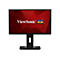 Moniteur ViewSonic noir avec écran rouge et logo. Le moniteur repose sur une base noire sur fond blanc.