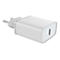 Weißes Ladegerät mit Eurostecker und USB-C-Anschluss. Das Ladegerät ist leicht schräg von oben aufgenommen.