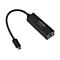 Schwarzer USB-C auf Ethernet-Adapter mit Kabel vor weißem Hintergrund.