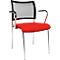 Office chair with red seat, chrome frame, and black mesh backrest with armrests.