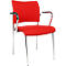 Red office chair with armrests, chrome legs, and black finish.