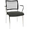 Black office chair with mesh back and silver legs. Armrests are present.