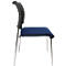 Side view of a chair with a blue seat and backrest. The legs are silver.