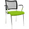 Green office chair with armrests and mesh back, silver legs.