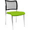 A green chair with a black mesh back and chrome legs. The design is modern and simple.