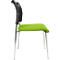 A green chair with a black back and silver legs, side view.