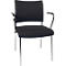 Black chair with armrests, chrome frame. The chair has a square back and a padded seat.