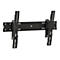Schwarze TV-Wandhalterung, Metallkonstruktion mit Bohrungen und Schlitzen für verschiedene Geräte. Auf weißem Hintergrund.