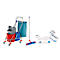 Schoonmaakwagen met emmer, pers en accessoires, naast mop en doekjes.