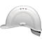 Un casque de sécurité en plastique blanc de profil. Il y a des trous de ventilation sur le dessus et une jugulaire.