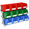 Een rek met drie niveaus met elk vier gekleurde bakken. Rood bovenaan, groen in het midden, blauw onderaan, elk met een wit etiket.