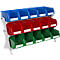 Rek met drie rijen gekleurde bakken. Blauw bovenaan, rood in het midden en groen onderaan. Elke bak heeft een wit label.