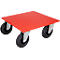 Rode dolly met vier zwarte wielen. De kar staat op een witte achtergrond.