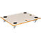 A rectangular transport plate with wheels, light brown, with black non-slip dots. On a light gray background.