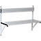 A wall-mounted bench made of white painted metal, with a backrest and seat made of horizontal slats.