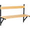 Wooden wall bench with black metal frame. The seat and backrest are made of wooden slats.