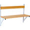 Wooden wall bench with backrest and white metal frame.