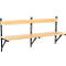 Wooden bench with backrest. Black bracket, attached to the wall. Wooden slats for seat and back.
