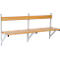 Wooden bench with backrest and metal supports. The bench is depicted against a neutral background.