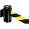 Black, wall-mounted barrier belt with yellow and black stripe.