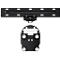 Black TV wall mount. On top an elongated bracket with holes, below an oval plate.
