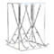 Metal wine rack with a square base. Vertical posts, diagonal braces, and curved shelves.