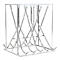 Metal frame with crisscrossing struts. Silver-colored, freestanding, clear structure.