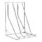Gray metal structure designed to store items such as bicycle tires. It consists of a rectangular frame and rounded bars.