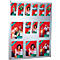 Advertising display with various information cards. Red backgrounds with people, cars and bicycles. HDI logo.