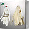 Stainless steel glove dispenser with two compartments, filled with gloves. Imprint: Made in Germany.