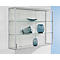 Glass cabinet with silver frame, filled with blue vases and bowls.