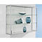 Glass display cabinet on wall. Includes glass shelves and blue glass objects. Silver frame.