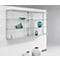 Hanging glass display cabinet with blue decorations, on a wall, with white vases.