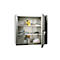 Metal cabinet with open door, filled with office supplies.