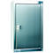 Stainless steel cabinet with door and key.