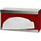 Red tissue dispenser with silver metal edges and protruding paper tissues.