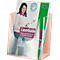 Transparent brochure holder filled with brochures, a woman with a brochure in the background, and a clock face.