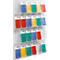 Transparent wall mount with colorful cards: Blue, yellow, green, red with white 'helit' logo.