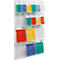 Transparent wall mount with colorful documents. Top: green, blue, yellow. Bottom: red, yellow, red. Middle: red, yellow. Bottom: blue, green.