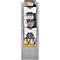 A gray brochure rack with several brochures displaying various designs.