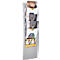 Gray, slightly curved brochure holder with multiple compartments, filled with brochures.