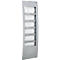 Grey flyer holder with 6 compartments. Logo on the top right. Shaped design with slightly curved lines.