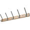 Wooden coat rack with five metal hooks.