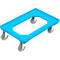 A light blue dolly with a rectangular frame and four grey wheels against a white background.