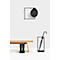 Garderobe mit Haken, Hut, Stuhl, Regenschirm und Stiefeln. Alles in Schwarz vor weissem Hintergrund.