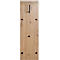 Vertikale Holztafel mit Haken und Ablage; dunkle Holzmaserung, Knäufe, schwarzer Haken.