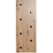 Nahaufnahme einer Holztür mit schwarzen Knöpfen. Die Holzmaserung ist deutlich sichtbar.