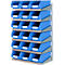 Blaues Regalsystem mit Kunststoffboxen.