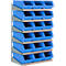 Blaues Wandregal mit mehreren offenen Aufbewahrungsboxen in Reihe.